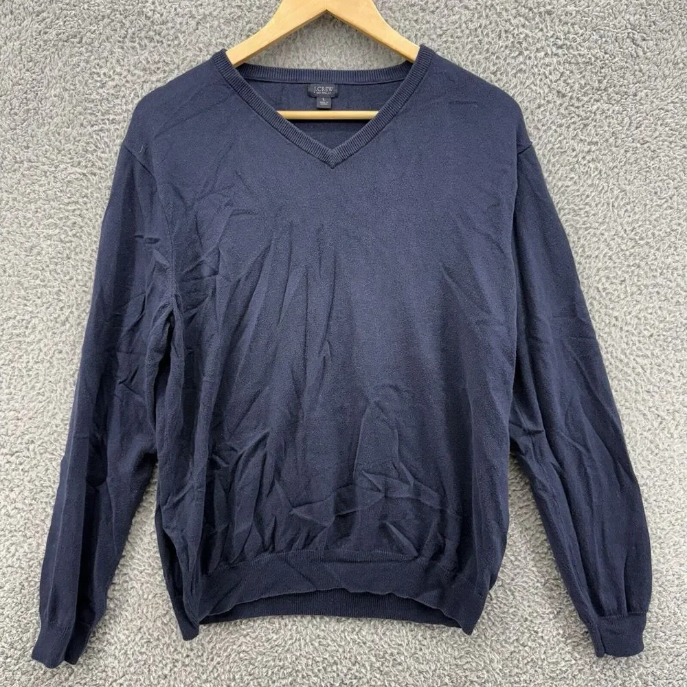J.CREW Shirt Mens Large Navy V‎ Neck Sweater Shirt Cotton Cashmere Blend #29235